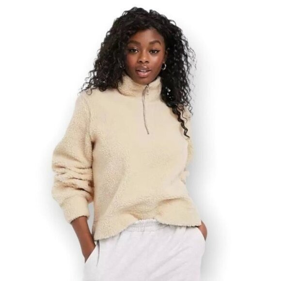 H&M Cozy Oatmeal Zipper Sherpa Pullover Sweater - Picture 1 of 6